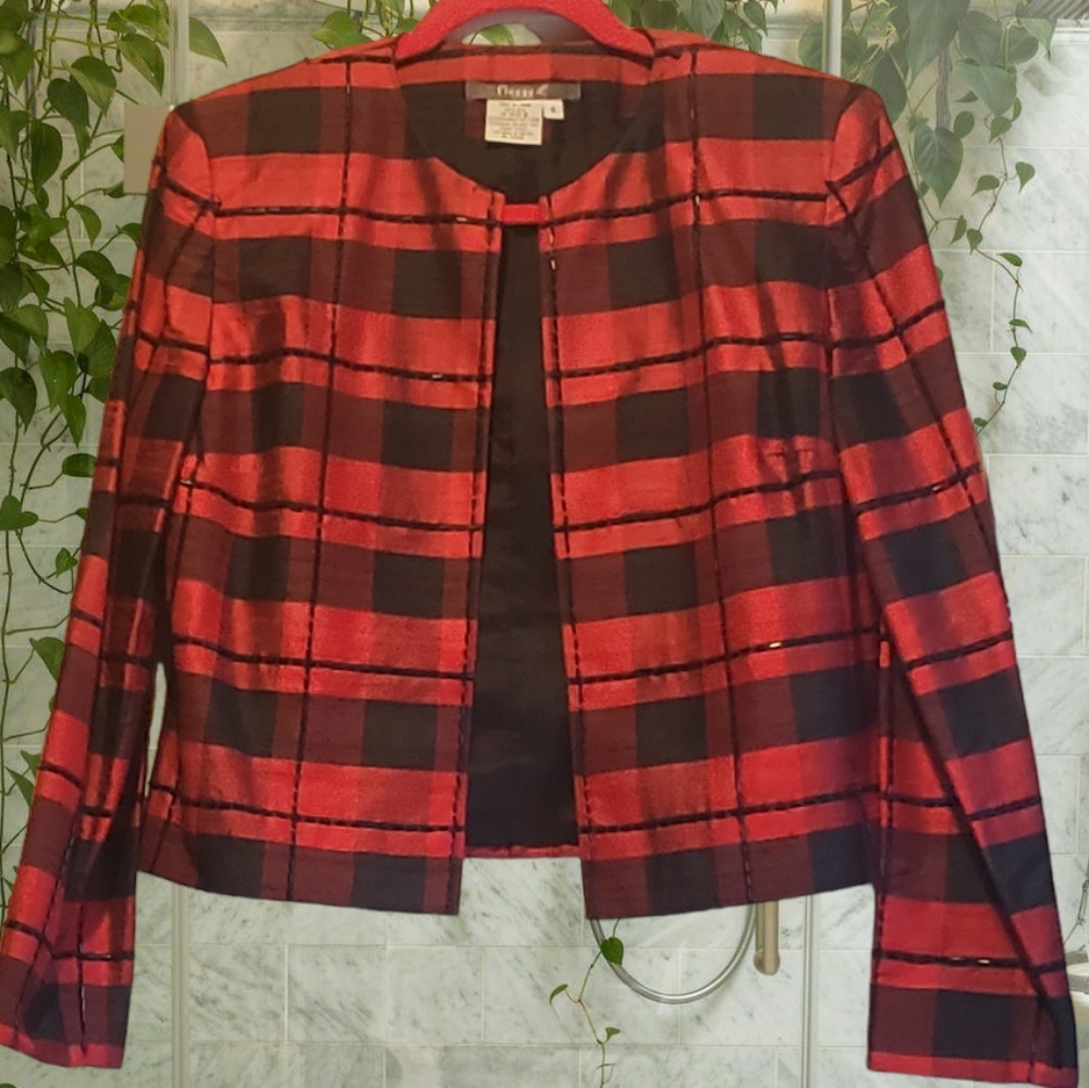 Maggie L Red Black Plaid Short Jacket, S, Gorgeous Black Bugle Beads, 100% Silk